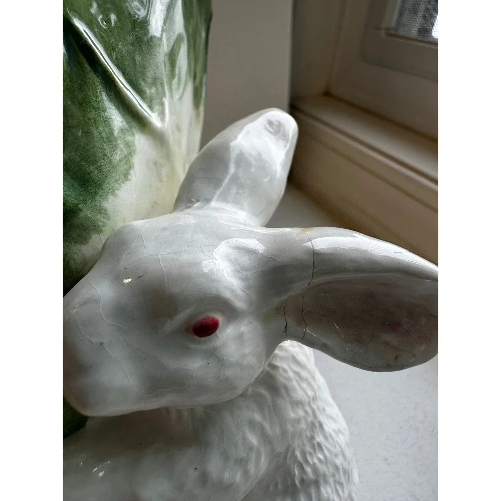 Vintage Ceramic Rabbit Cabbage Leaf Planter Easter Bunny White Green 7432